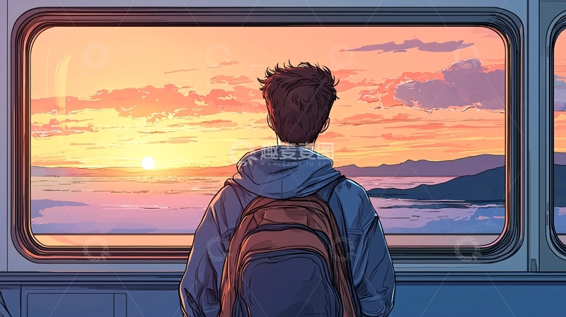 高清大图下载【趣麦麦图】夕阳列车上的旅人