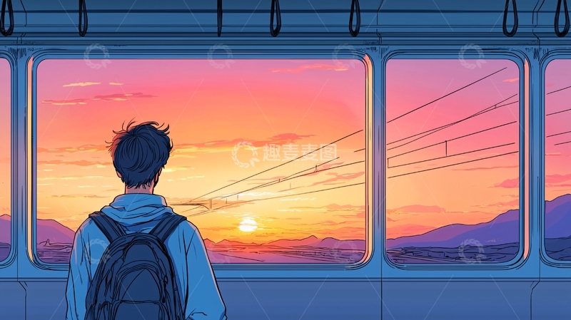 高清大图下载【趣麦麦图】夕阳列车上的旅人