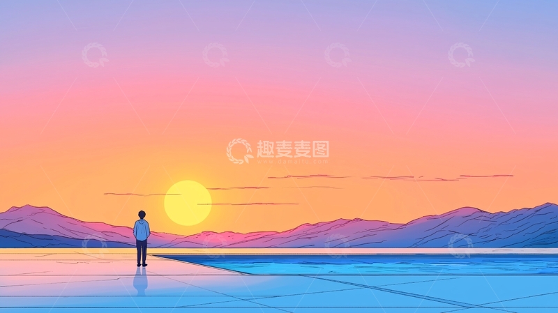 高清大图下载【趣麦麦图】日落山景人物剪影