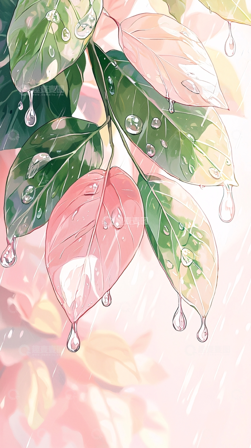 高清大图下载【趣麦麦图】雨后清新绿叶水滴插画