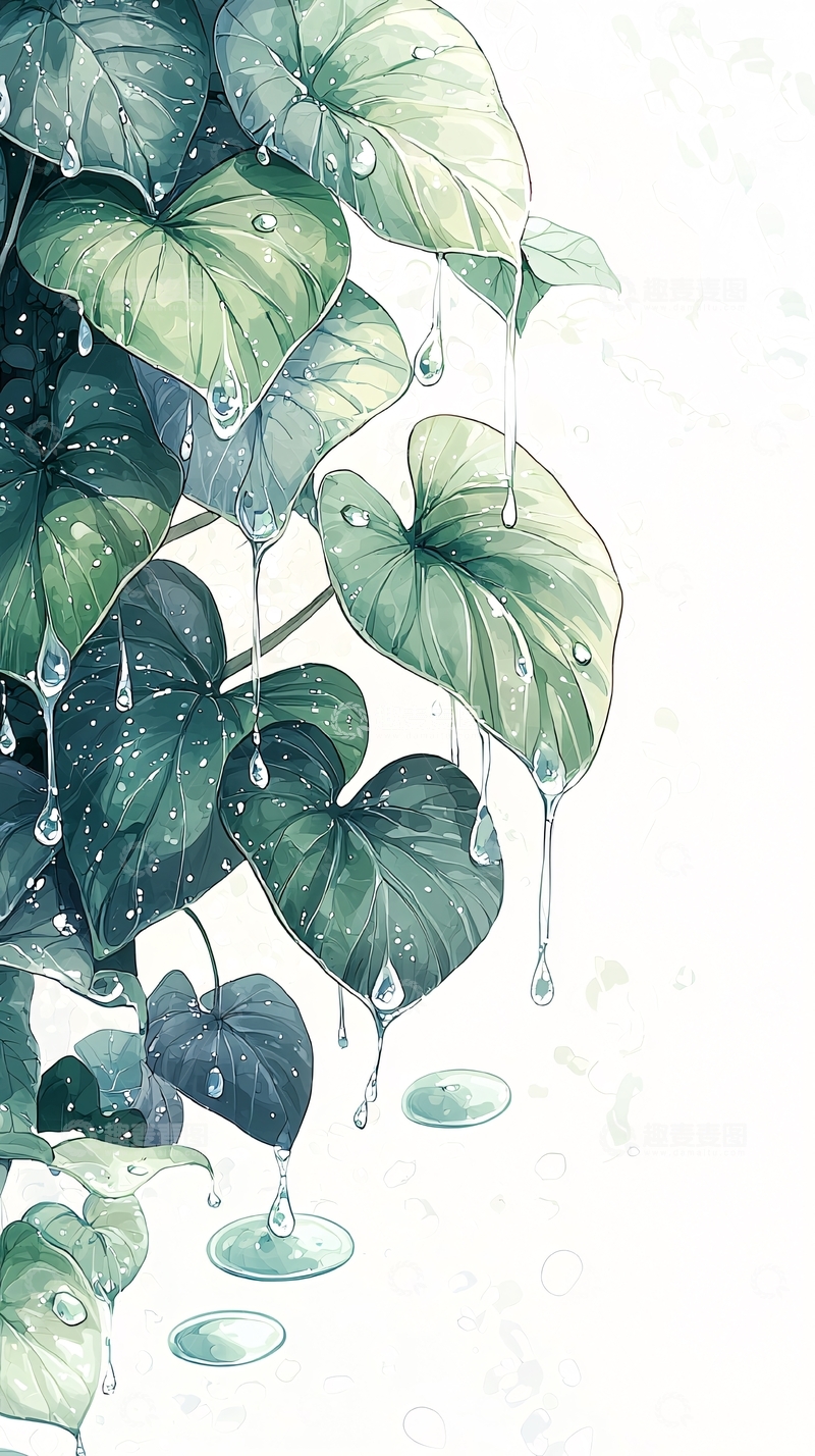 高清大图下载【趣麦麦图】雨后清新绿叶滴水插画