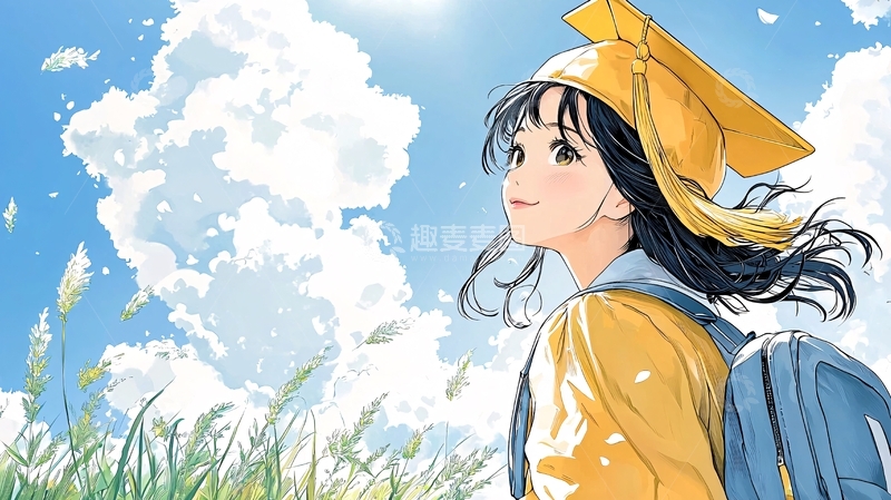 高清大图下载【趣麦麦图】-毕业季女孩背书包田野天空