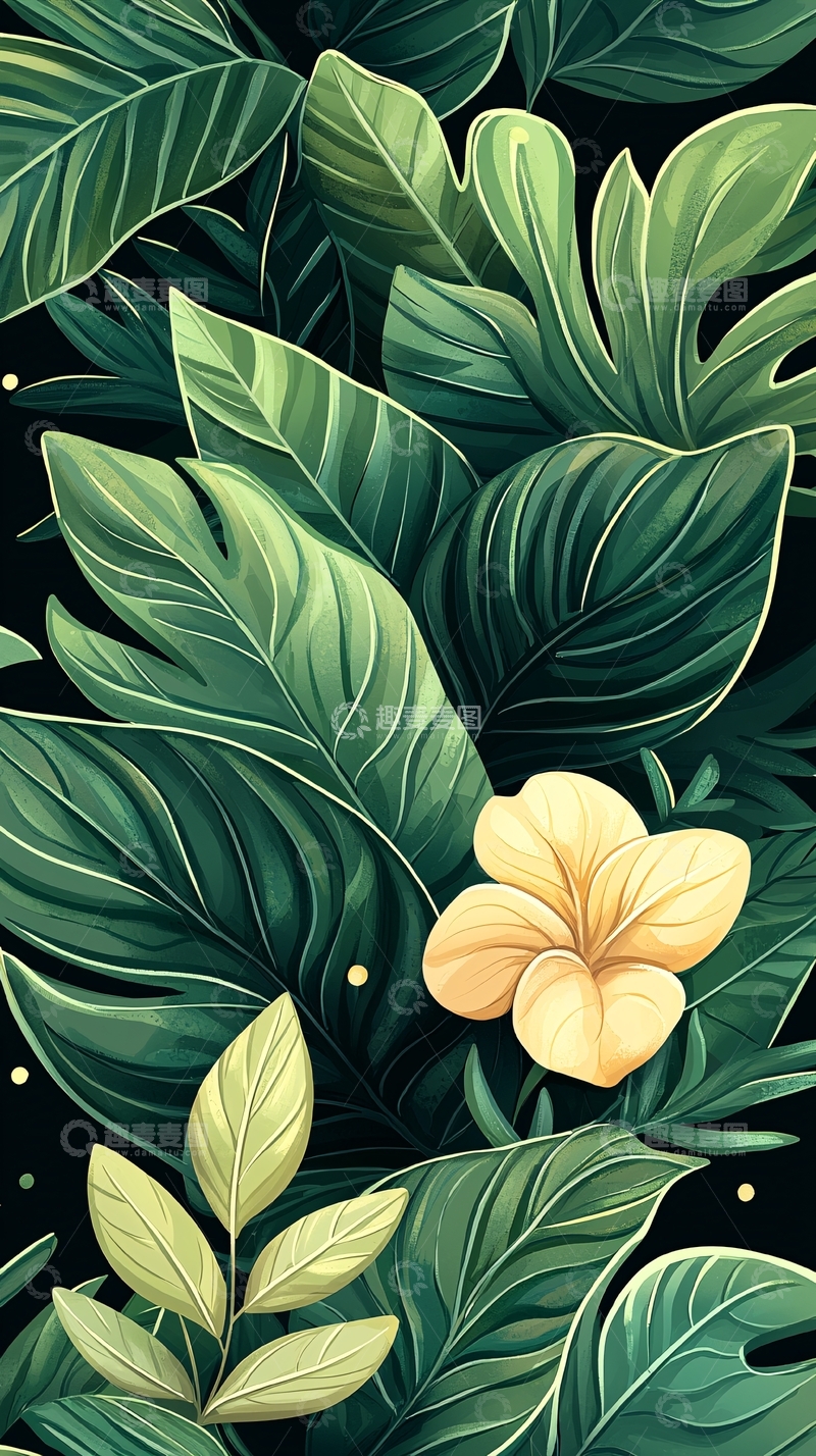 高清大图下载【趣麦麦图】热带植物与花朵插画背景