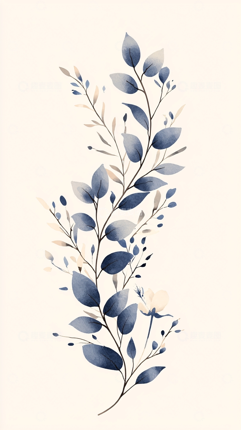 高清大图下载【趣麦麦图】蓝色渐变叶子插画素材