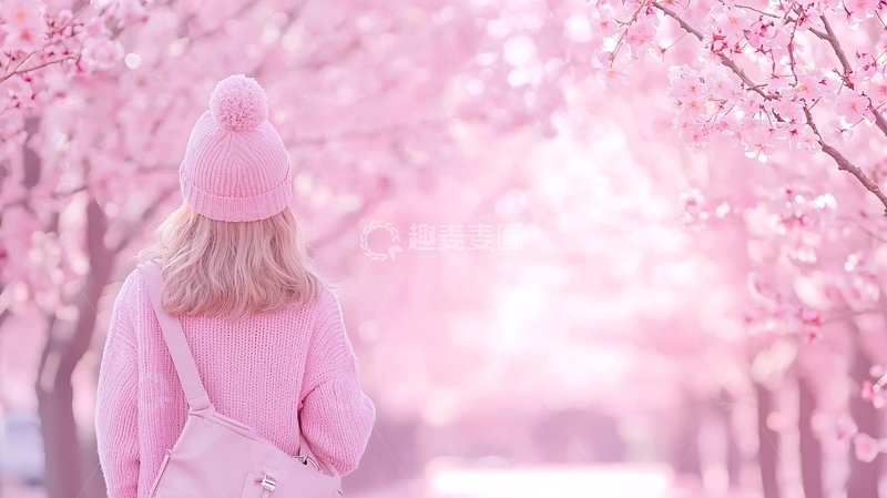 高清大图下载【趣麦麦图】粉色樱花下的背影
