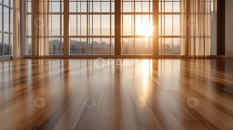 高清大图下载【趣麦麦图】阳光洒满木地板的城市景观