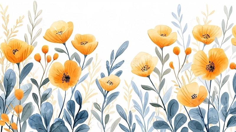 高清大图下载【趣麦麦图】橙色花朵与蓝色叶子背景图案