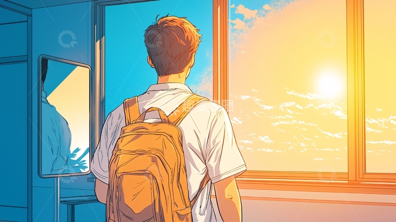 高清大图下载【趣麦麦图】背着书包看日落的少年