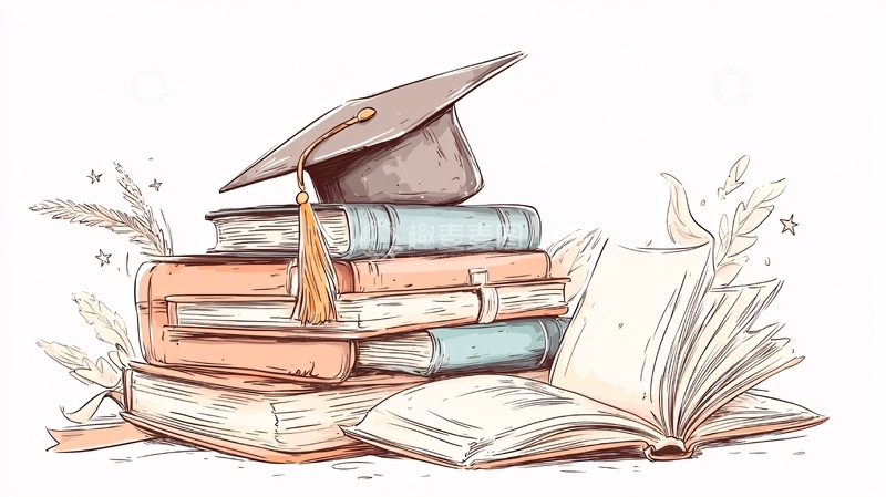 高清大图下载【趣麦麦图】毕业帽与书籍插画