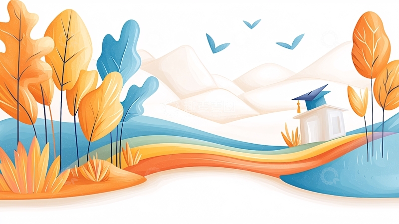 高清大图下载【趣麦麦图】秋日山间毕业帽风景插画