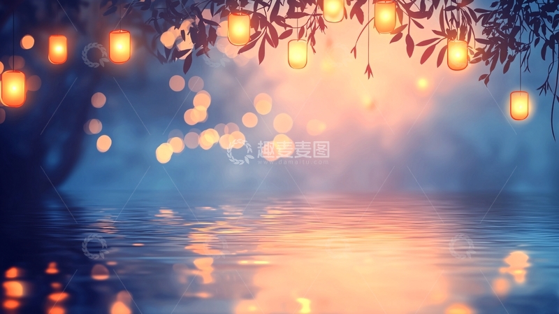 高清大图下载【趣麦麦图】秋夜湖畔灯笼倒影