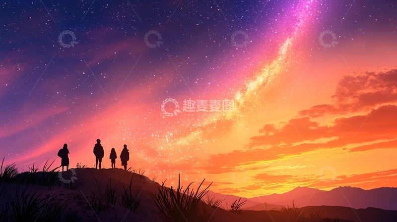 高清大图下载【趣麦麦图】夜晚星空下的四人剪影