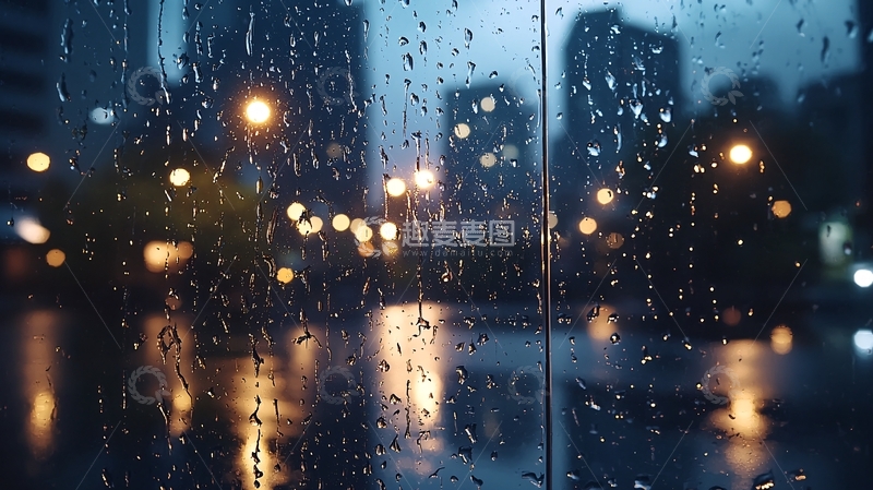 高清大图下载【趣麦麦图】雨夜城市灯光透过玻璃窗