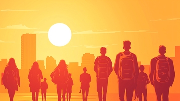 夕阳下的城市人群剪影