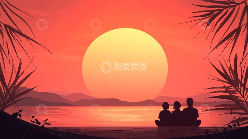 高清大图下载【趣麦麦图】夕阳下海边三人的剪影