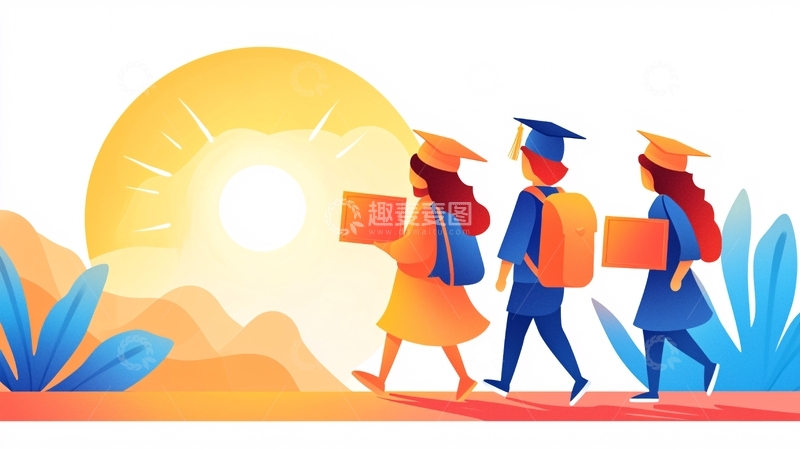 高清大图下载【趣麦麦图】毕业典礼学生行走插画