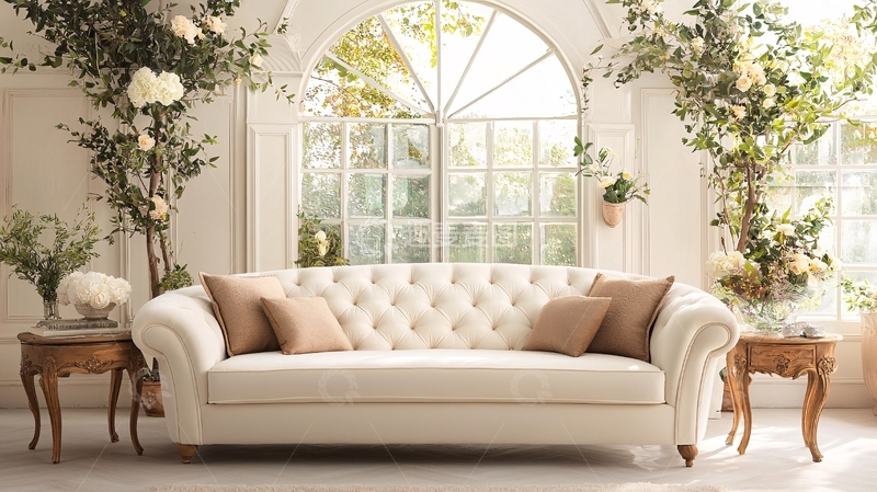 高清大图下载【趣麦麦图】白色皮质沙发与花卉装饰的温馨客厅