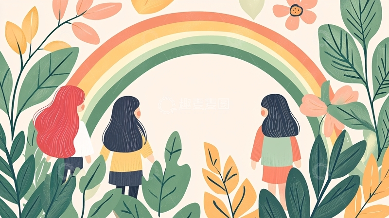 高清大图下载【趣麦麦图】彩虹下的三个女孩