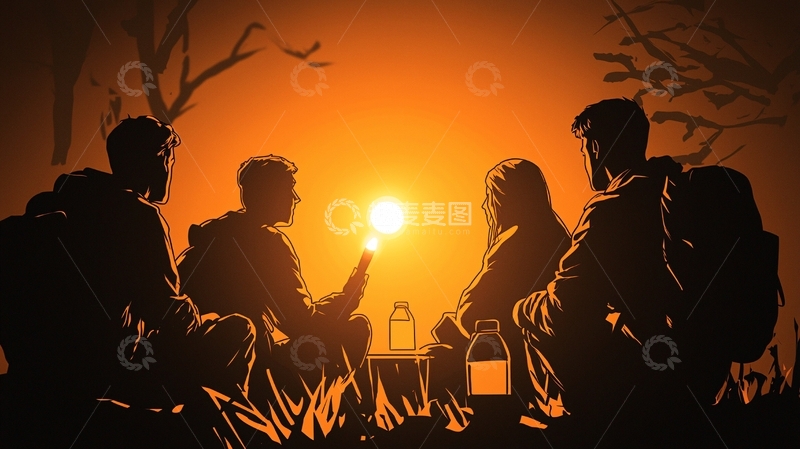 高清大图下载【趣麦麦图】篝火旁的露营者剪影