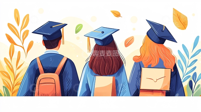 高清大图下载【趣麦麦图】毕业典礼学生背影插画