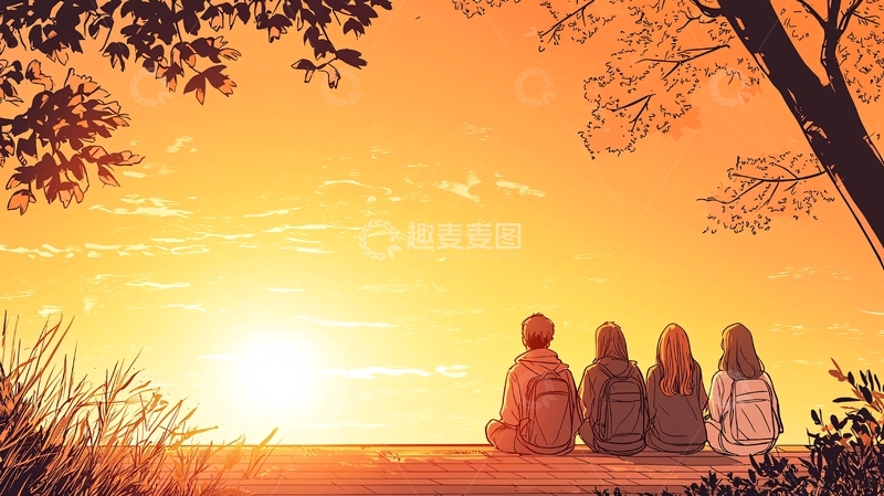 高清大图下载【趣麦麦图】夕阳下四人并肩坐