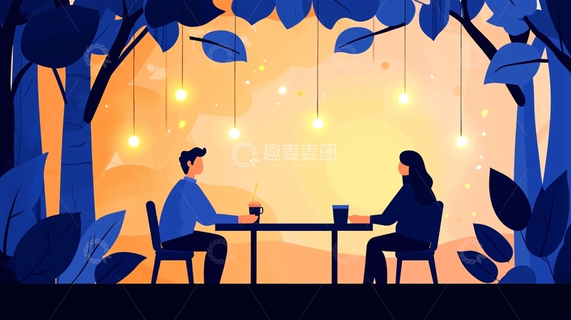 高清大图下载【趣麦麦图】夜晚森林中的咖啡馆约会场景