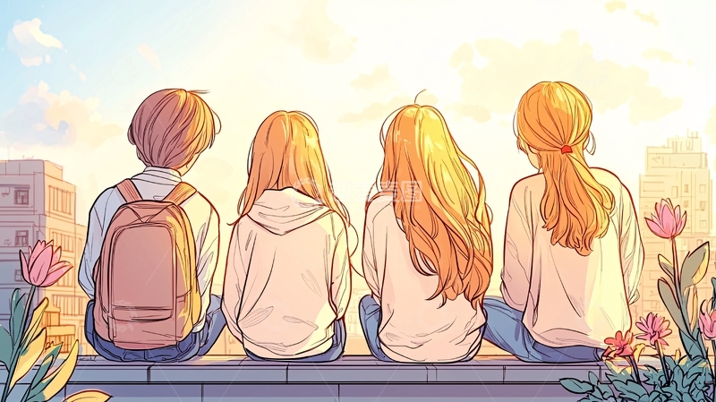 高清大图下载【趣麦麦图】四人背影坐在墙边看夕阳