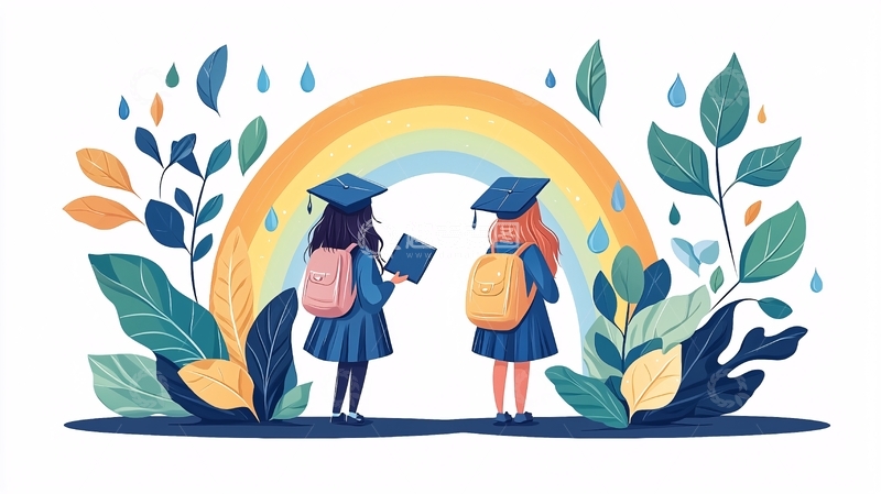 高清大图下载【趣麦麦图】毕业典礼彩虹背景插画