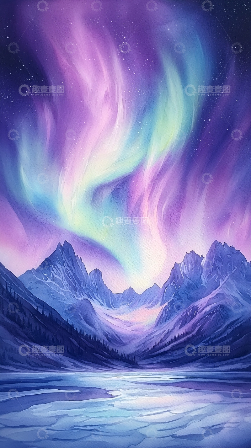 高清大图下载【趣麦麦图】极光下的雪山湖泊