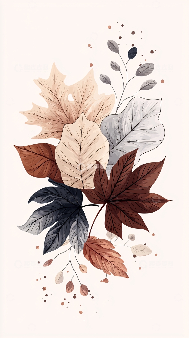 高清大图下载【趣麦麦图】秋日落叶插画素材