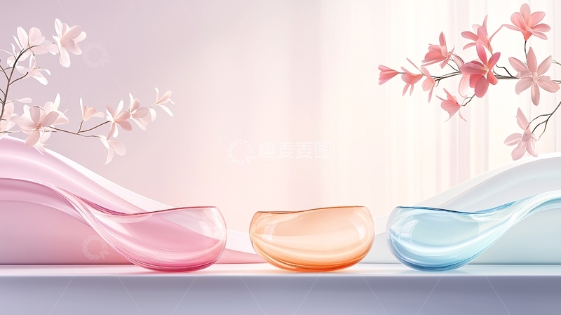 高清大图下载【趣麦麦图】粉色渐变玻璃杯与花卉装饰