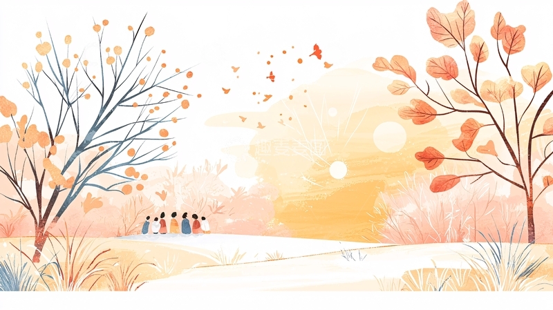 高清大图下载【趣麦麦图】秋日黄昏散步人群插画