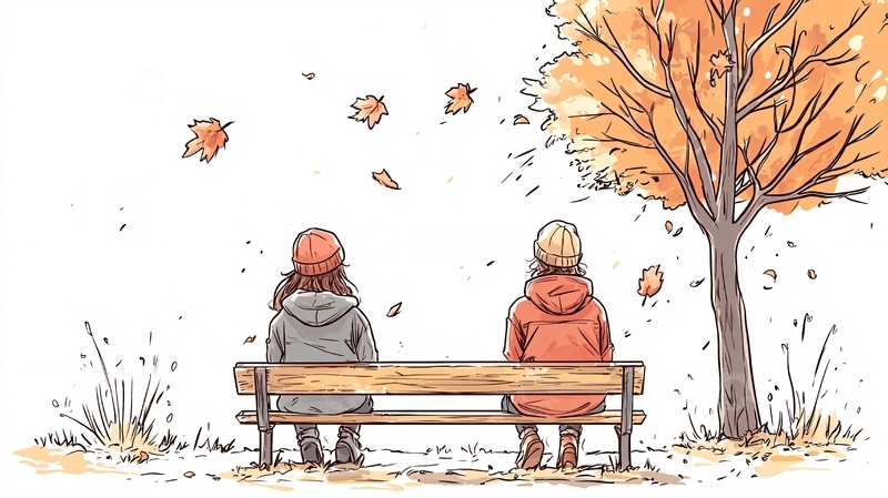 秋日公园长椅上的两个人