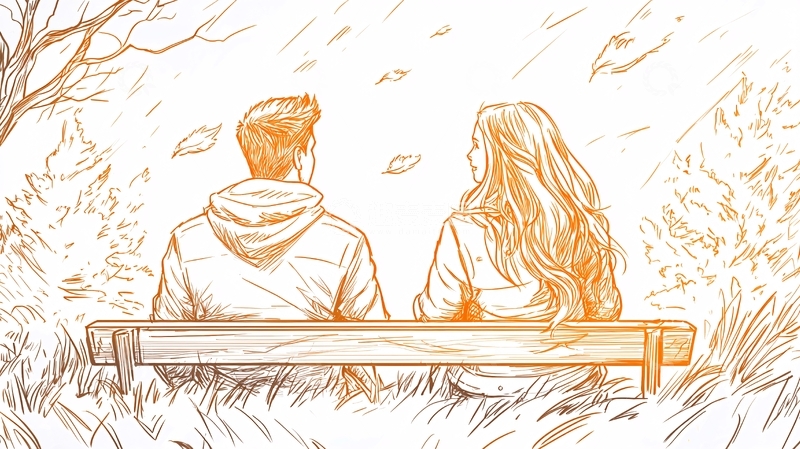 高清大图下载【趣麦麦图】秋日公园情侣坐椅背影