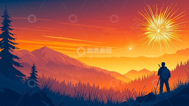 高清大图下载【趣麦麦图】山间烟花观赏图