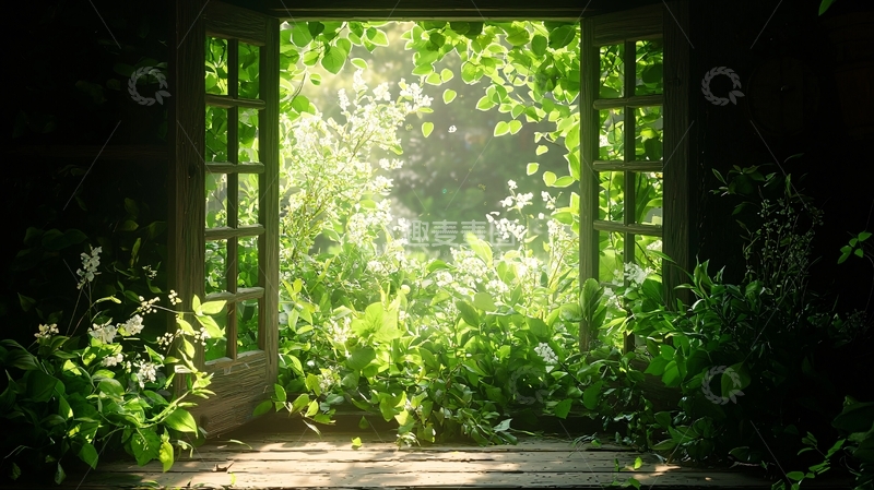 高清大图下载【趣麦麦图】阳光透过绿叶窗棂