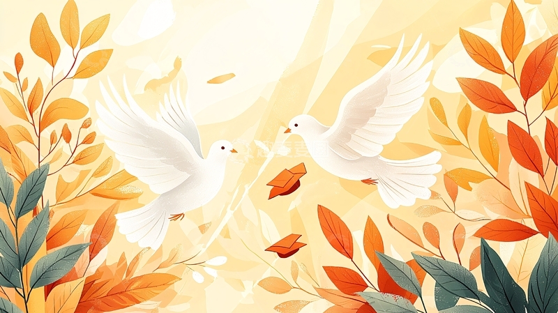 高清大图下载【趣麦麦图】秋日和平鸽飞翔插画