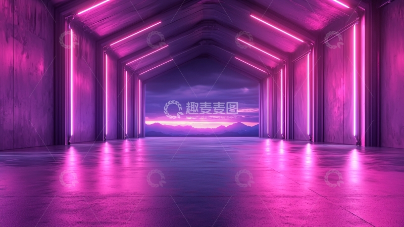 高清大图下载【趣麦麦图】霓虹灯廊道与山景