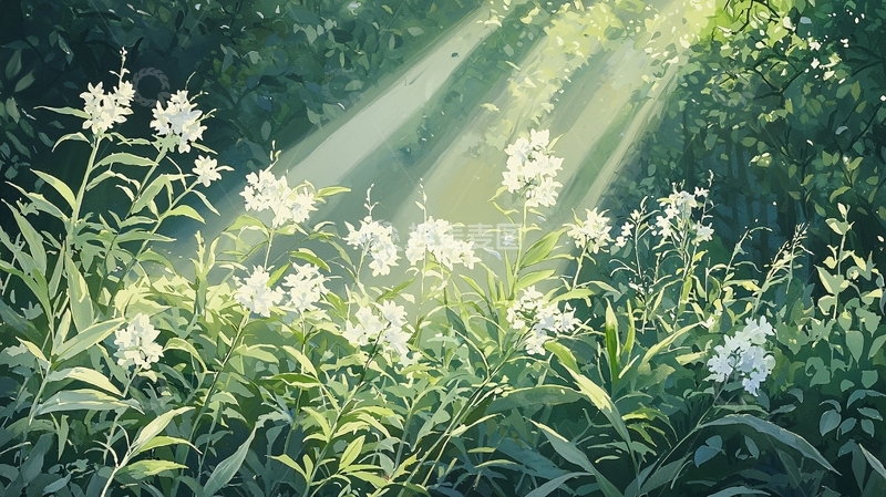 高清大图下载【趣麦麦图】阳光穿透森林中的白色花朵