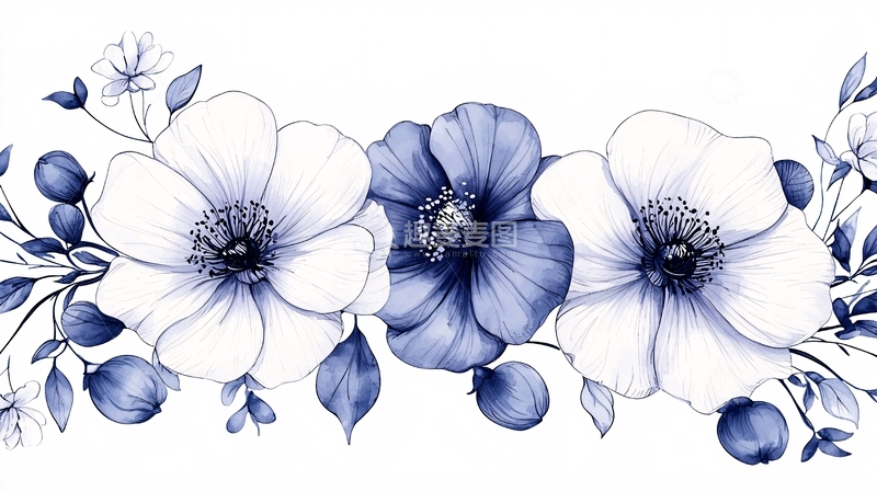 高清大图下载【趣麦麦图】蓝色花卉手绘插画素材