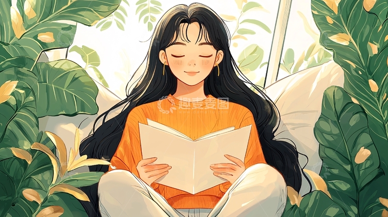 高清大图下载【趣麦麦图】绿植环绕阅读女孩