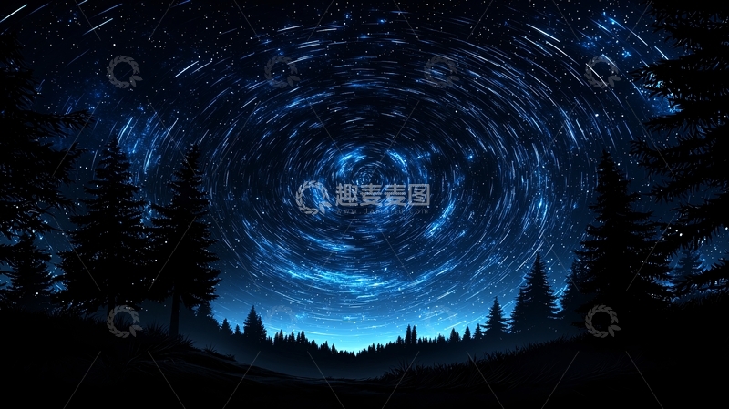 高清大图下载【趣麦麦图】夜空星轨与森林剪影
