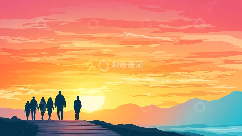 高清大图下载【趣麦麦图】夕阳下徒步旅行的剪影