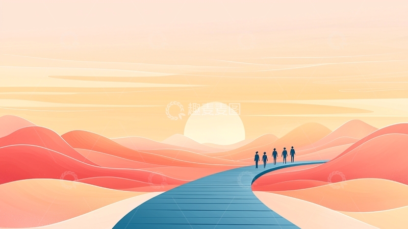 高清大图下载【趣麦麦图】夕阳下徒步旅行的五人