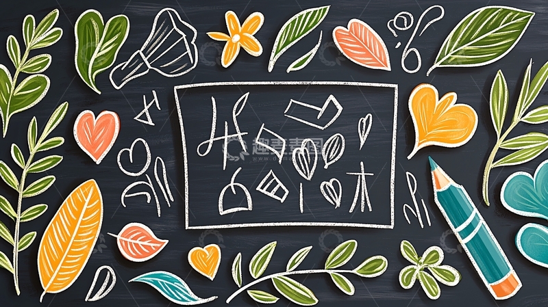 高清大图下载【趣麦麦图】黑板上的手绘图案与铅笔插画