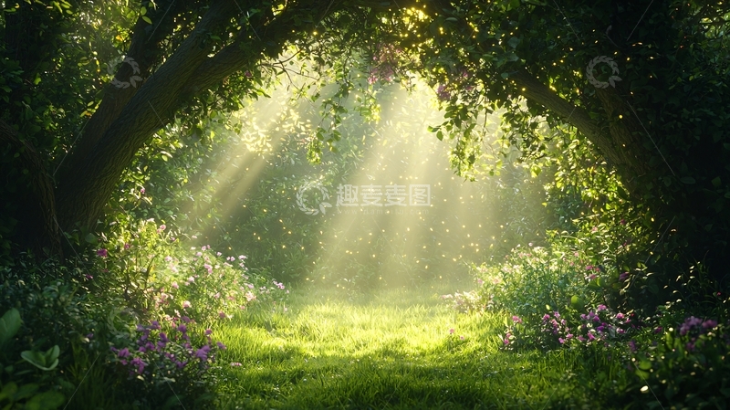 高清大图下载【趣麦麦图】阳光透过树叶的森林小径