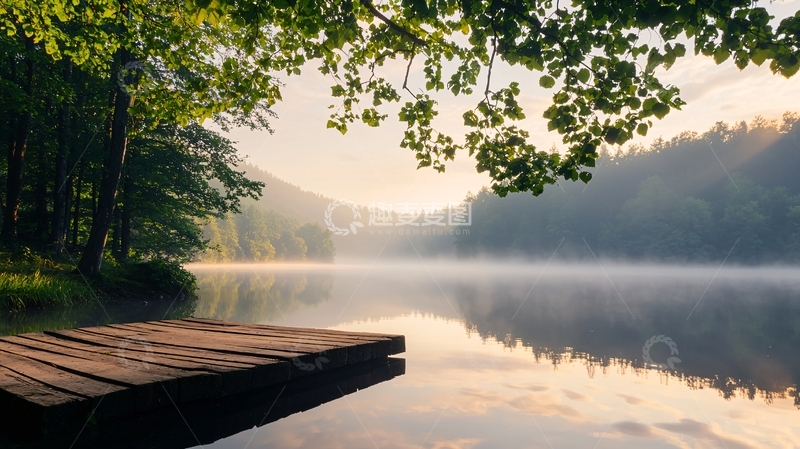高清大图下载【趣麦麦图】晨雾中的宁静湖景