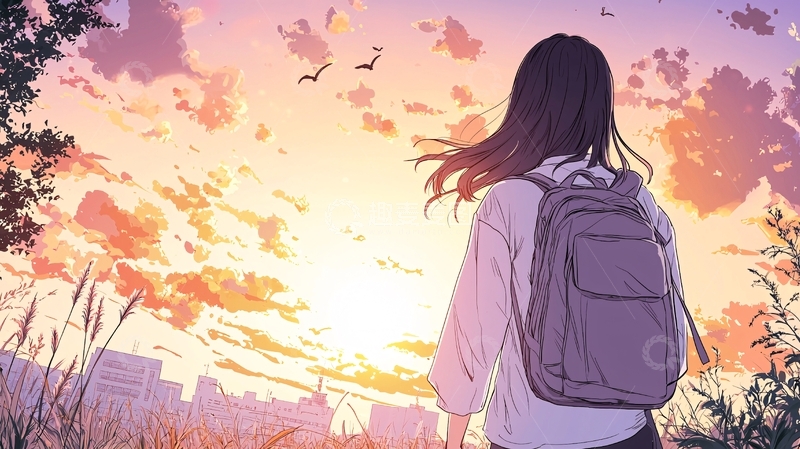 高清大图下载【趣麦麦图】夕阳下的背影女孩