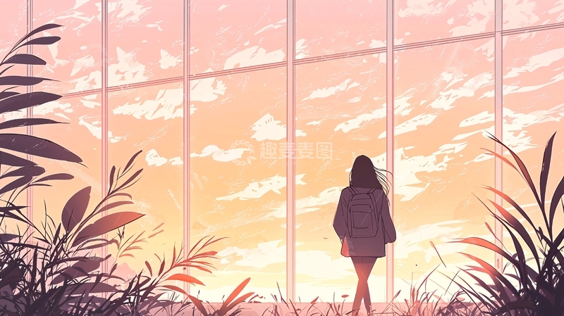高清大图下载【趣麦麦图】女孩背影看向窗外的植物园