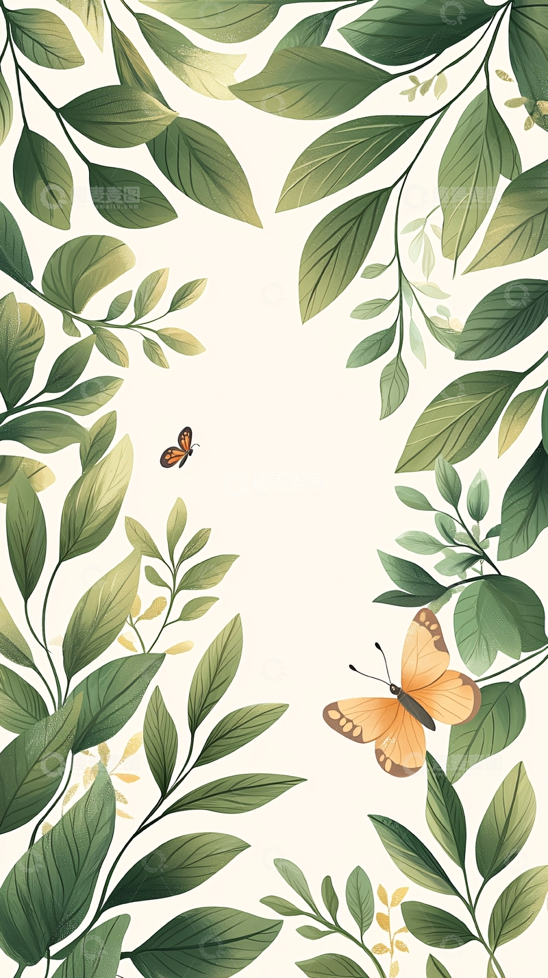 高清大图下载【趣麦麦图】绿色植物与蝴蝶插画背景